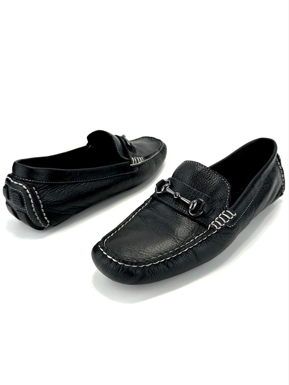 Cole Haan Women Driver Loafers Sz 8.5B Black Leather Round Toe Slip-On Metal-Bit